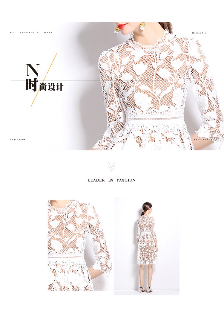 Original design mid long sleeved high-end fashion, slimming and hollowed out water-soluble lace mid length dress