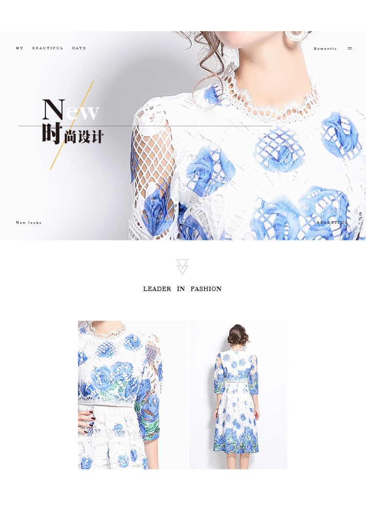 Original design mid long sleeved fashionable slimming hollow out water-soluble lace positioning mid length dress