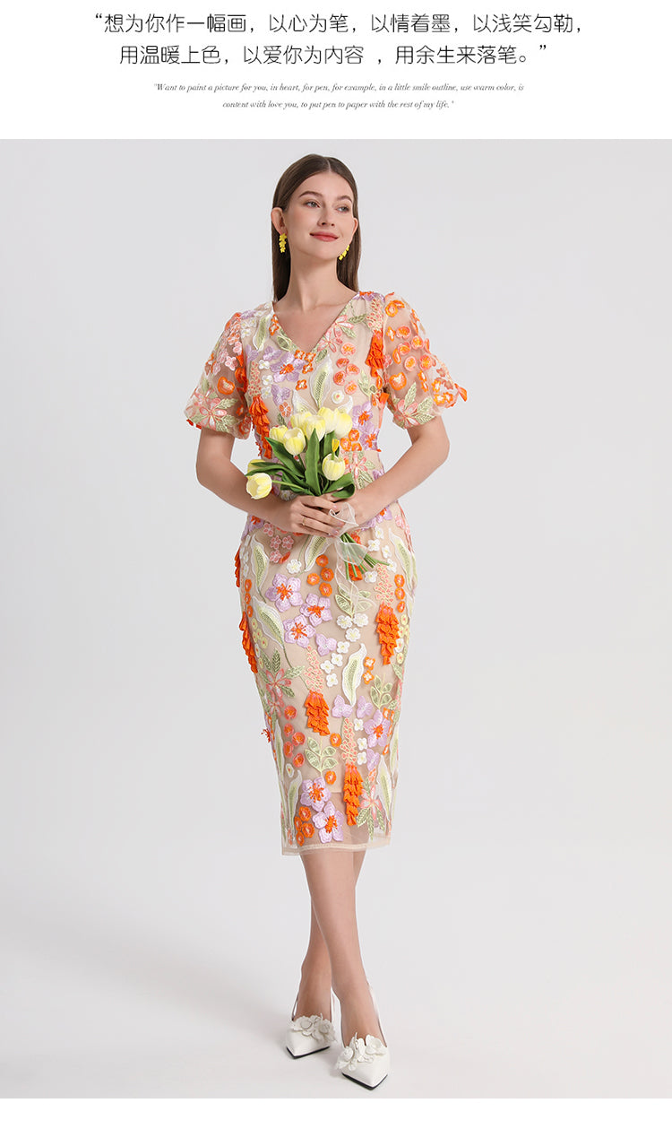 Artwork boutique handmade three-dimensional wheat ear embroidered French temperament dress