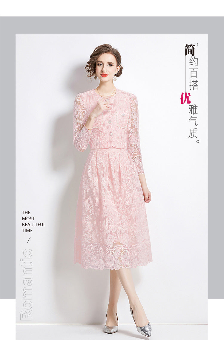 Original design for spring and summer long sleeved small fragrance style set light luxury temperament water-soluble lace skirt two-piece set