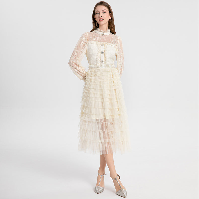 Women's clothing heavy art, coarse tweed splicing mesh cake skirt