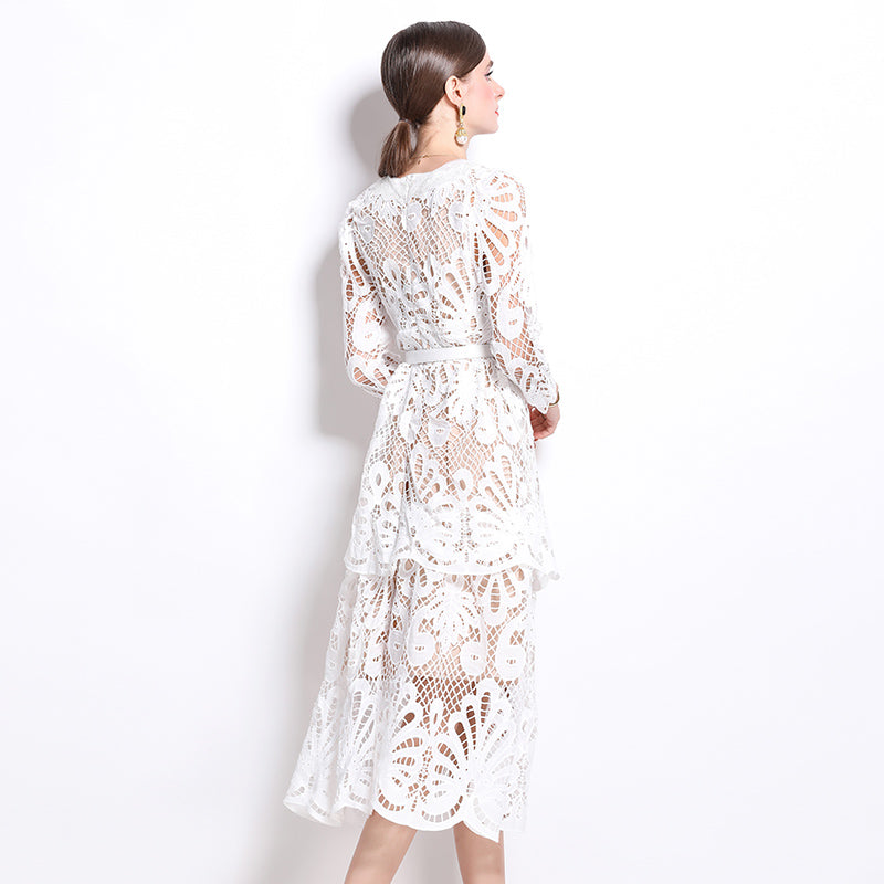 Original Design: Spring and Summer High End Water soluble Embroidered Medium length Skirt with V-neck and Waist cinching to Look Thin Dress