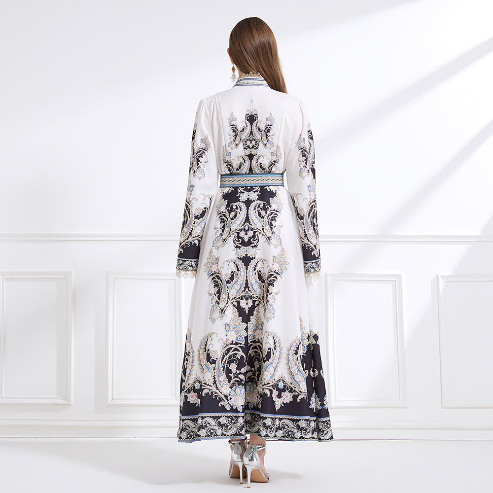 Original design - court-style vintage stand-up collar lace print tunic with large hem waist