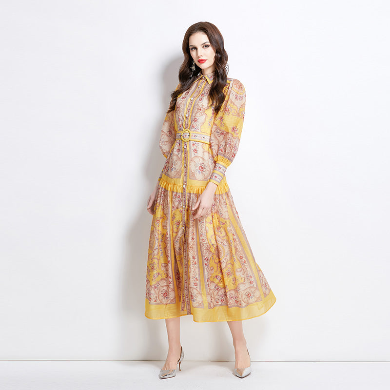 Original Design Spring/Summer Autumn Vacation Classical Palace Style Printed Bouquet Waist Single breasted Long Dress