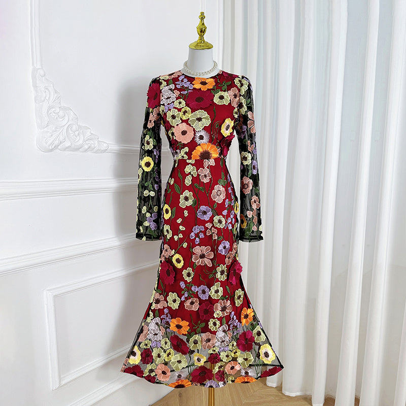 Original Design Heavy Industry Boutique Color Embroidered Handmade Three Dimensional Flower Slimming Fishtail Skirt Temperament Dress