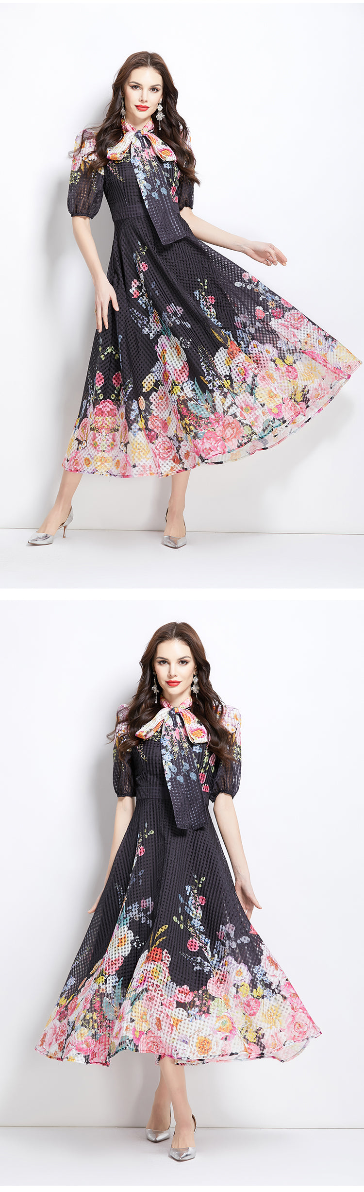 Original Design Spring/Summer Vacation New Oil Painting Flower Bubble Sleeve Medium length Dress
