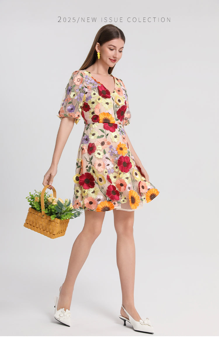 Meizhonggong boutique color handmade three-dimensional embroidered puff sleeve French pendulum dress