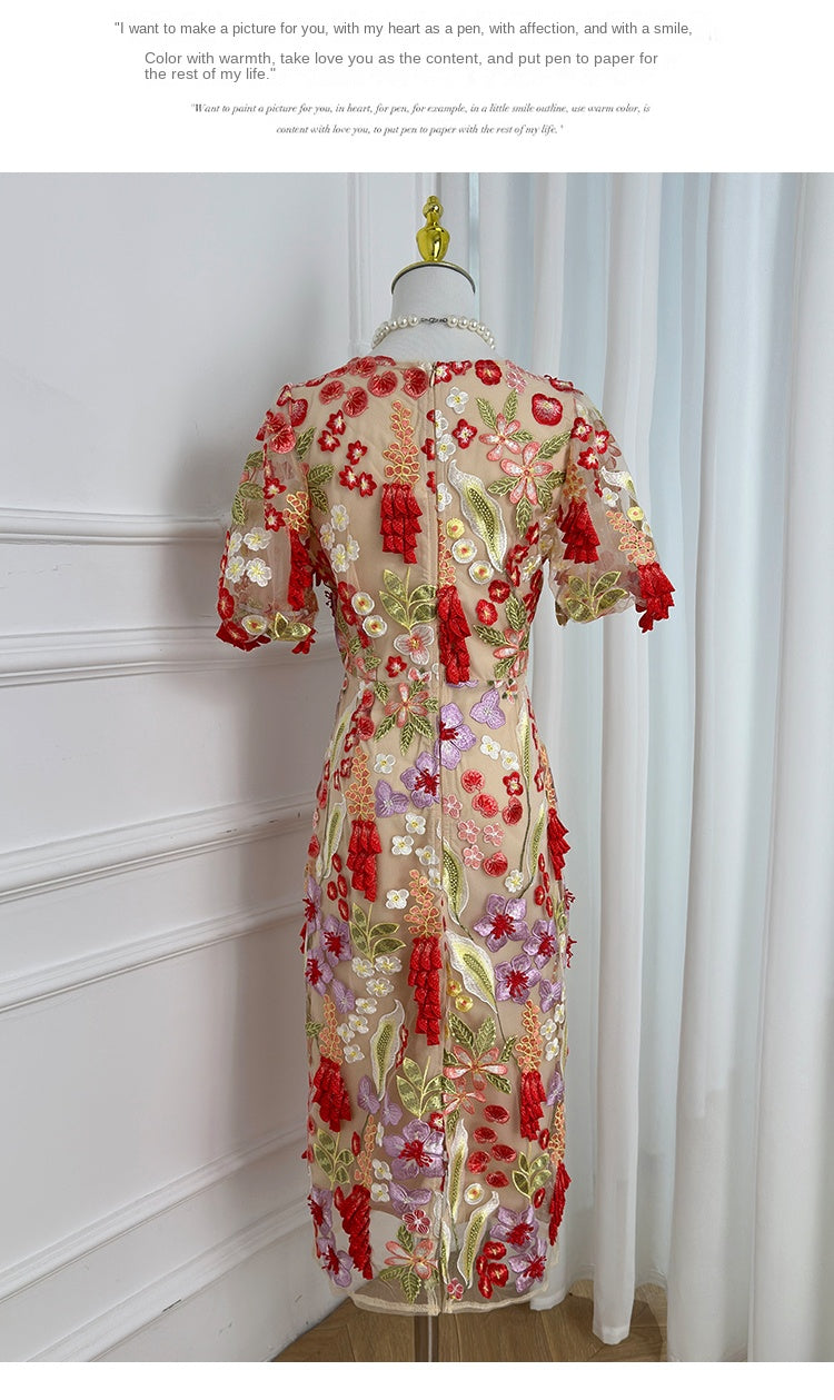 Original Design Handmade Three Dimensional Wheat Sprout Embroidered French Style Dress
