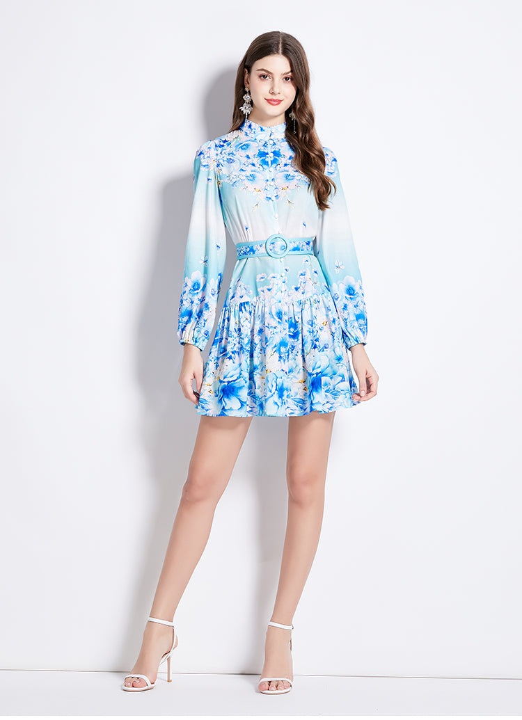 Original Design Spring/Summer Autumn Vacation New Flower Oil Painting Style Stand up Collar Long Dress