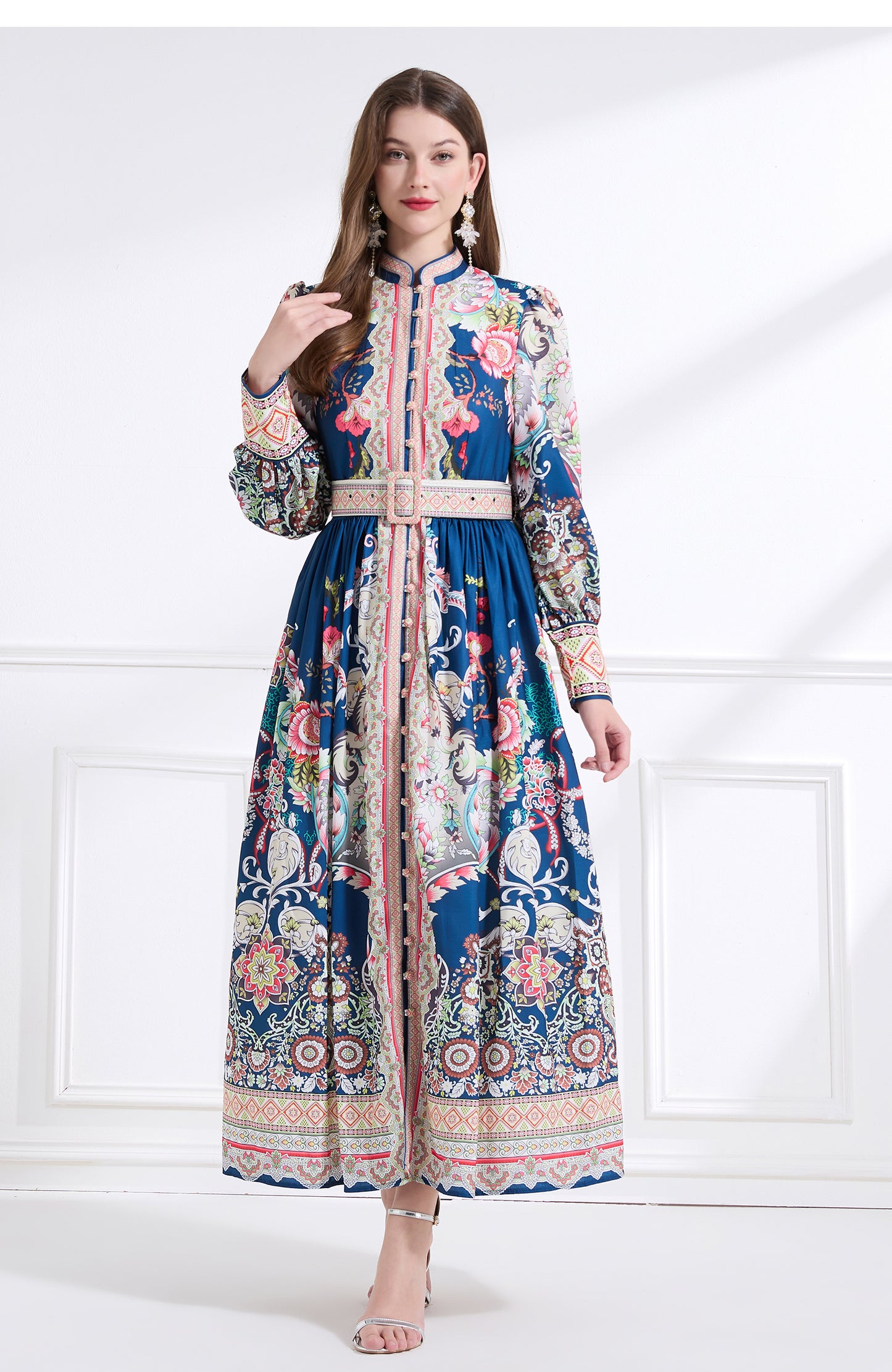 Original design - Spring, Summer, Autumn court style stand collar vintage print balloon sleeve ruffled maxi dress