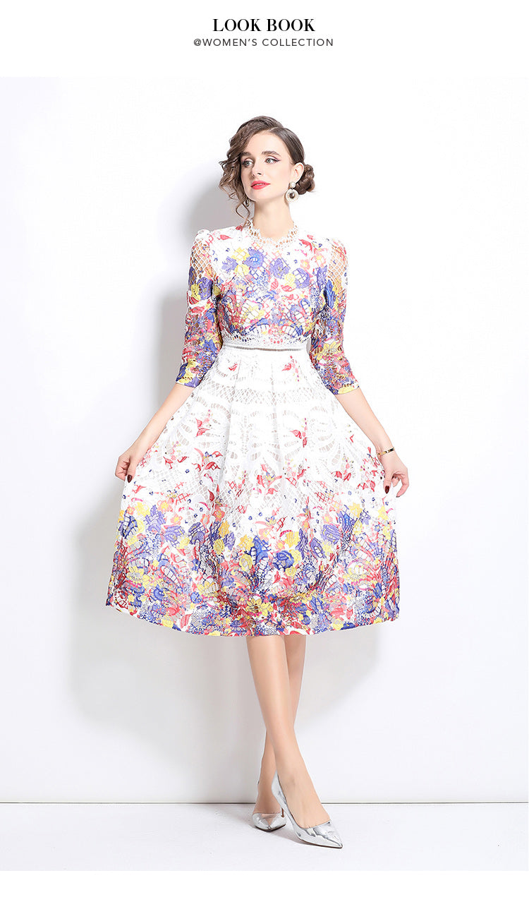 Original design mid long sleeved fashionable slimming hollow out water-soluble lace positioning mid length dress