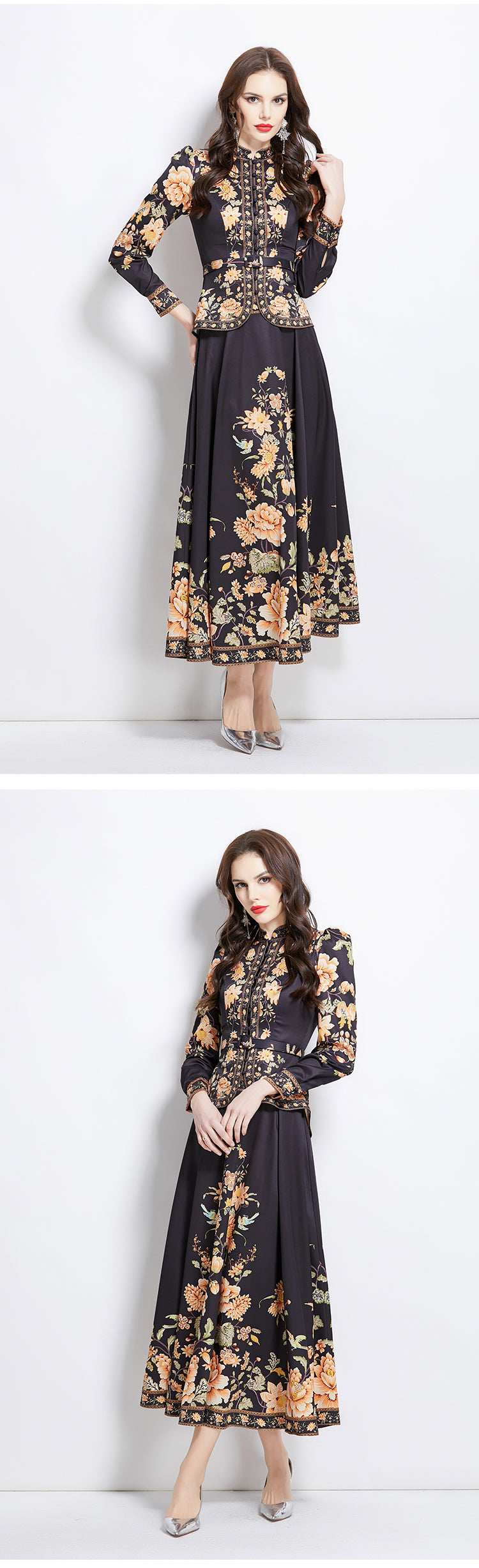 Original design for spring and summer ethnic style shirt top, mid length skirt set