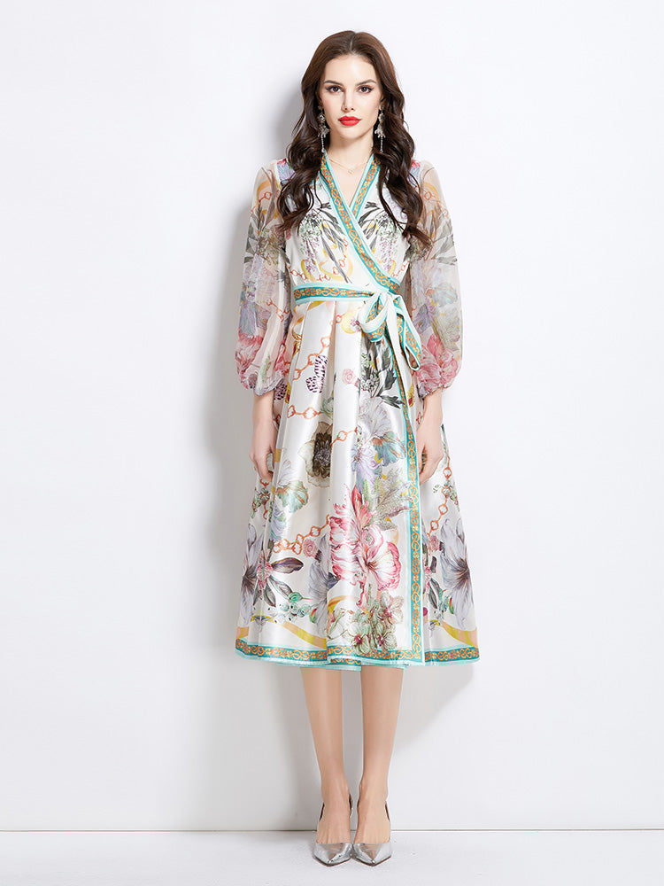 Original design for spring and summer V-neck ethnic style printed satin wrapped long length dress