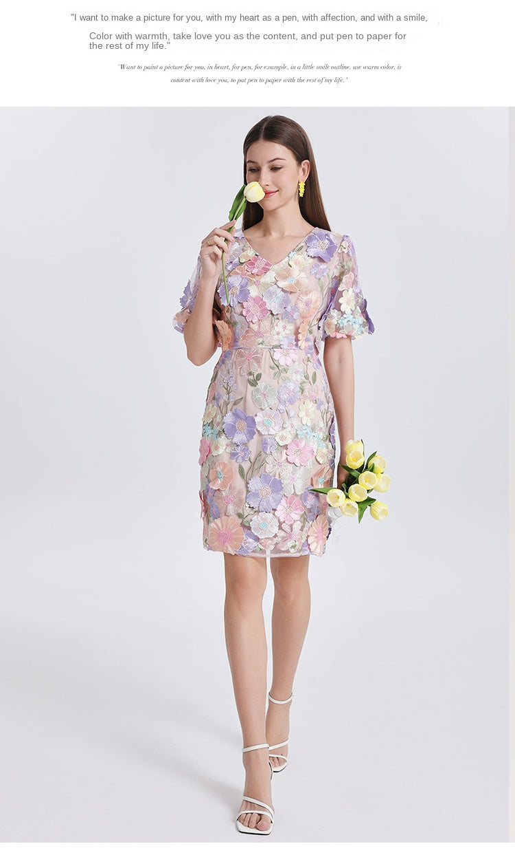 Original Design Heavy Industry Embroidery Boutique Handmade Color Customized Flower V-neck Bubble Sleeve Wrap Hip Dress