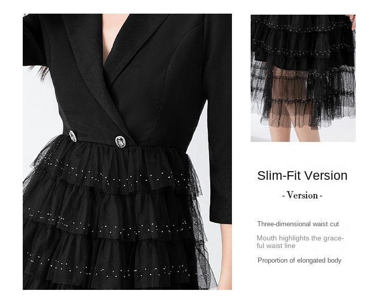 Original design exquisite mesh cake skirt patchwork suit dress temperament fake 2pieces