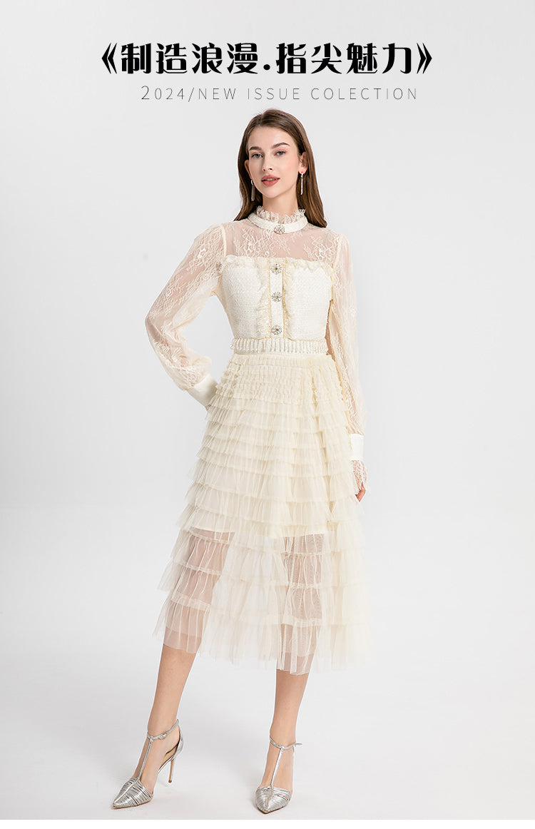 Women's clothing heavy art, coarse tweed splicing mesh cake skirt