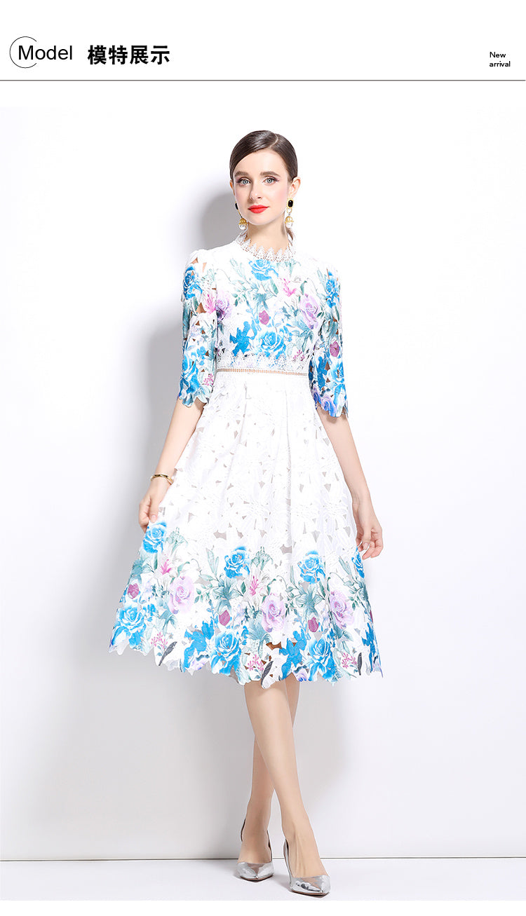 Original design mid long sleeved fashionable slimming hollow out water-soluble lace positioning mid length dress
