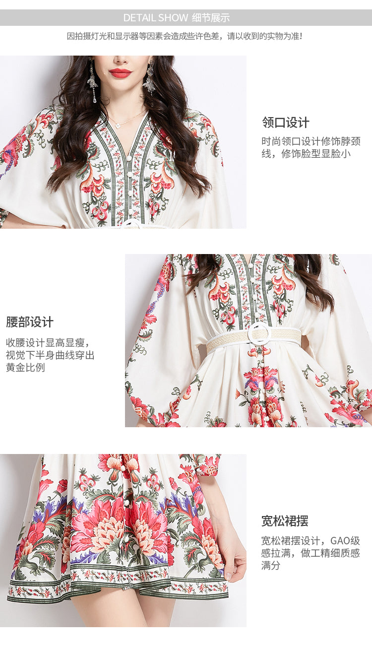 Original design spring summer autumn vacation ethnic style print elegant temperament short V-neck dress