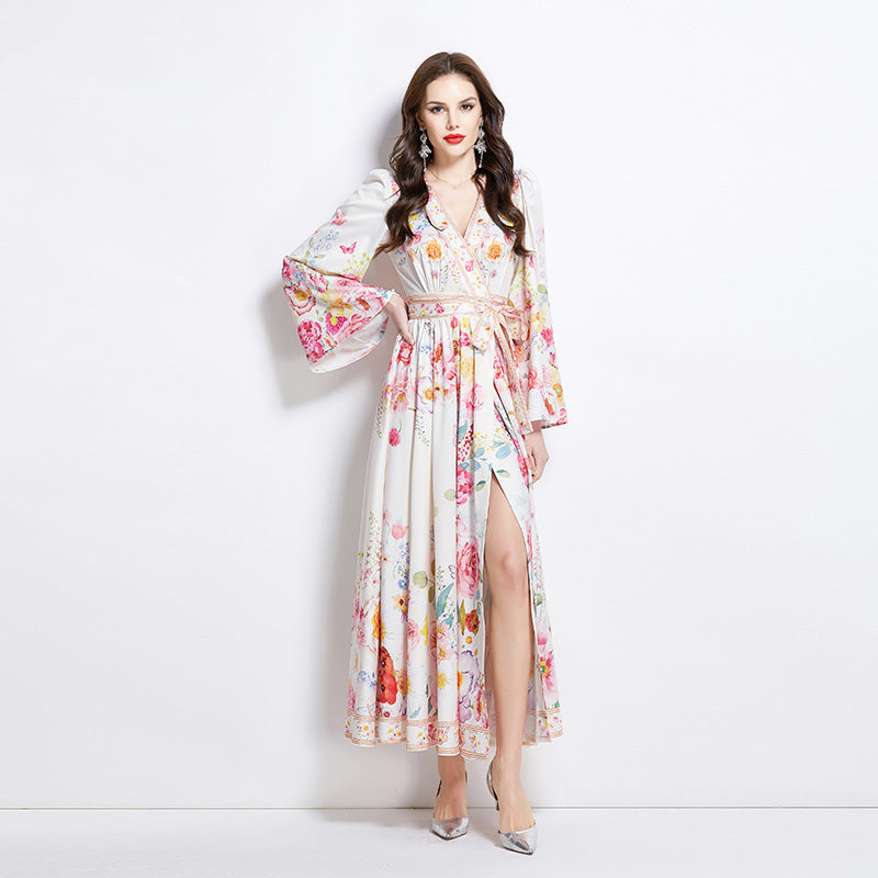 Original Design Spring/Summer New Oil Painting Flower Pattern Wrapped Mid length Dress