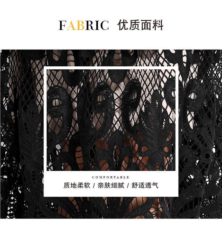 Original Design: Spring and Summer High End Water soluble Embroidered Medium length Skirt with V-neck and Waist cinching to Look Thin Dress