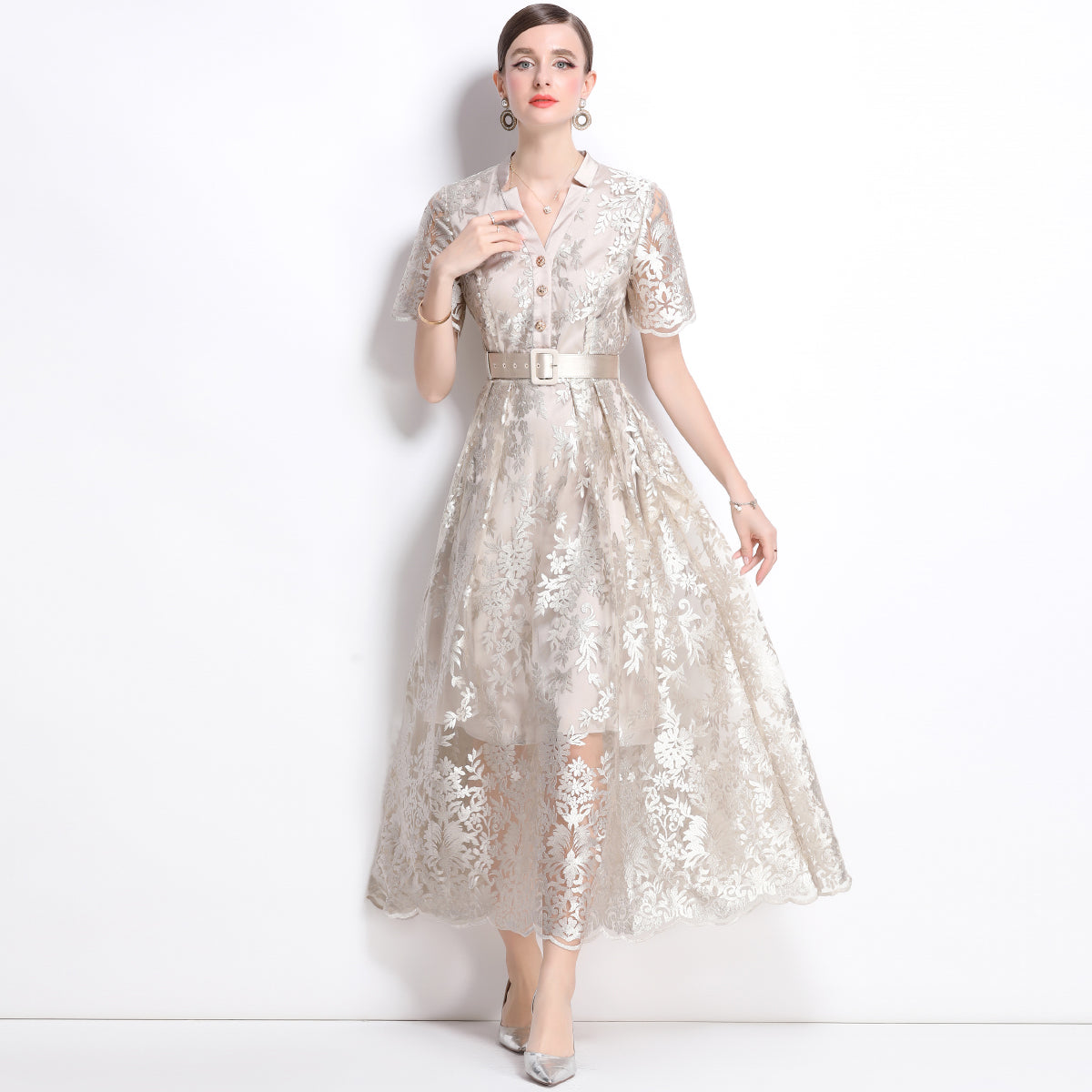 Original design mesh embroidered long dress with pockets, V-neck slim fit dress and belt