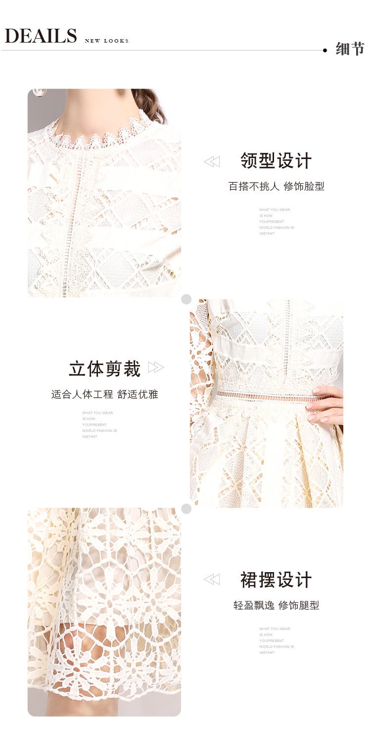 Original design mid long sleeved slimming hollow out water-soluble lace positioning printed mid length dress for spring, summer, autumn vacation