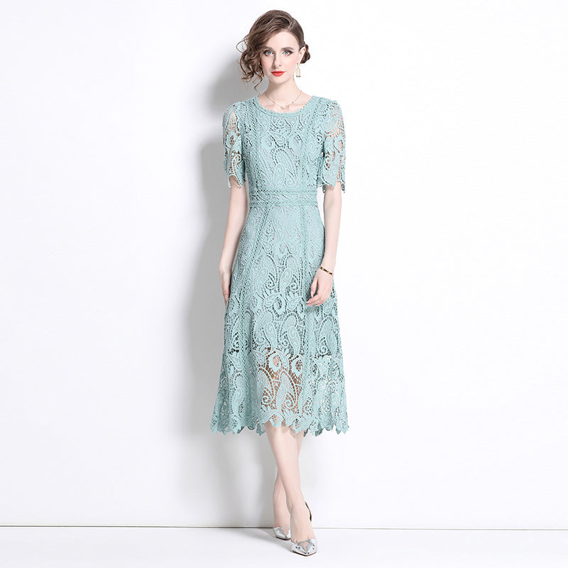 Original design temperament short sleeved skirt slim fit waist cinching heavy industry water-soluble lace dress for women