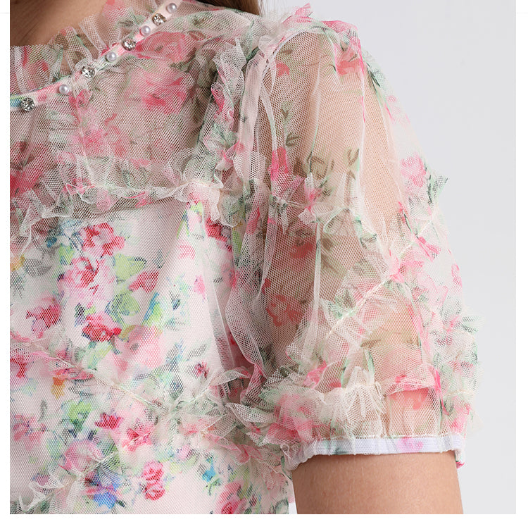 Original design heavy industry nail drill small floral French boutique mesh summer sweet dress