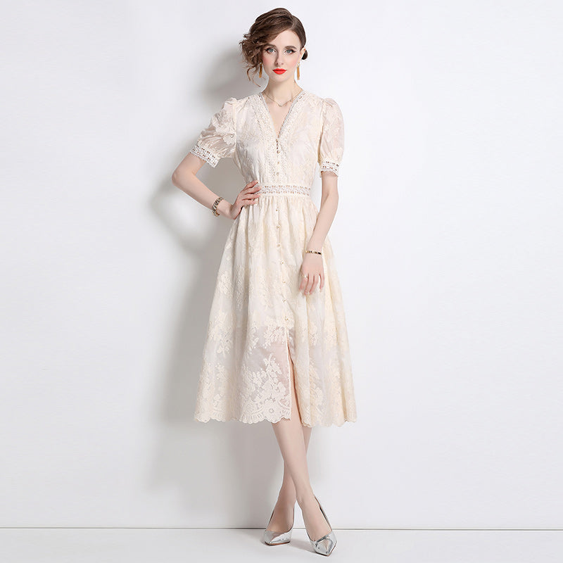 Original Design: Spring/Summer Embroidered V-neck Dress with Lace and Lace Charm Slimming Skirt