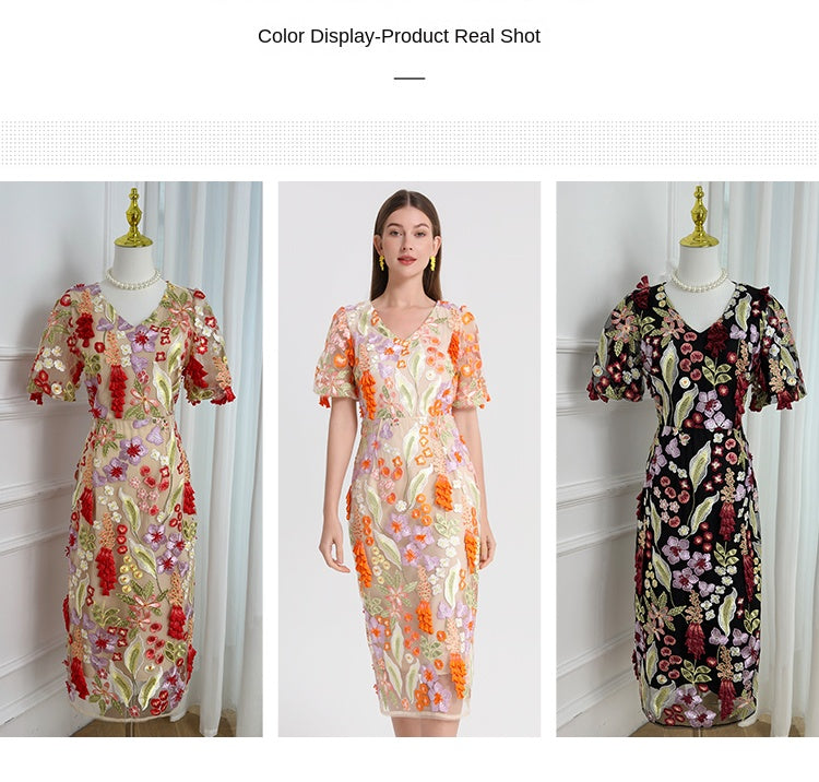 Original Design Handmade Three Dimensional Wheat Sprout Embroidered French Style Dress