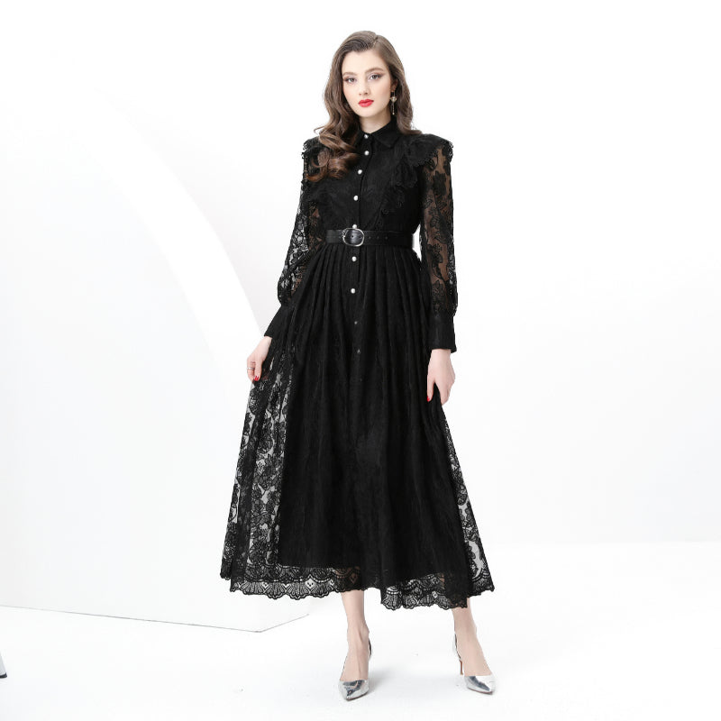 Original design: spring, summer, autumn resort, lapel, embroidered lace, balloon sleeve lace, long vintage dress