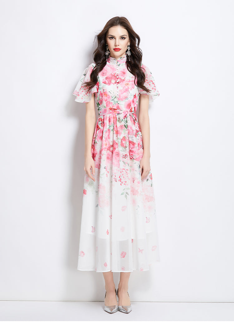 Original design for spring and summer small flying sleeves, ruffled edges, floral patterns, colorful waist cinched stand up collar dress