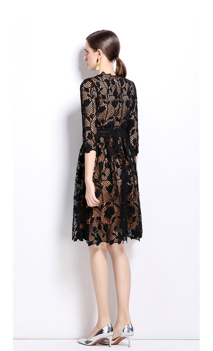 Original design mid long sleeved fashionable slimming hollow out water-soluble lace positioning mid length dress