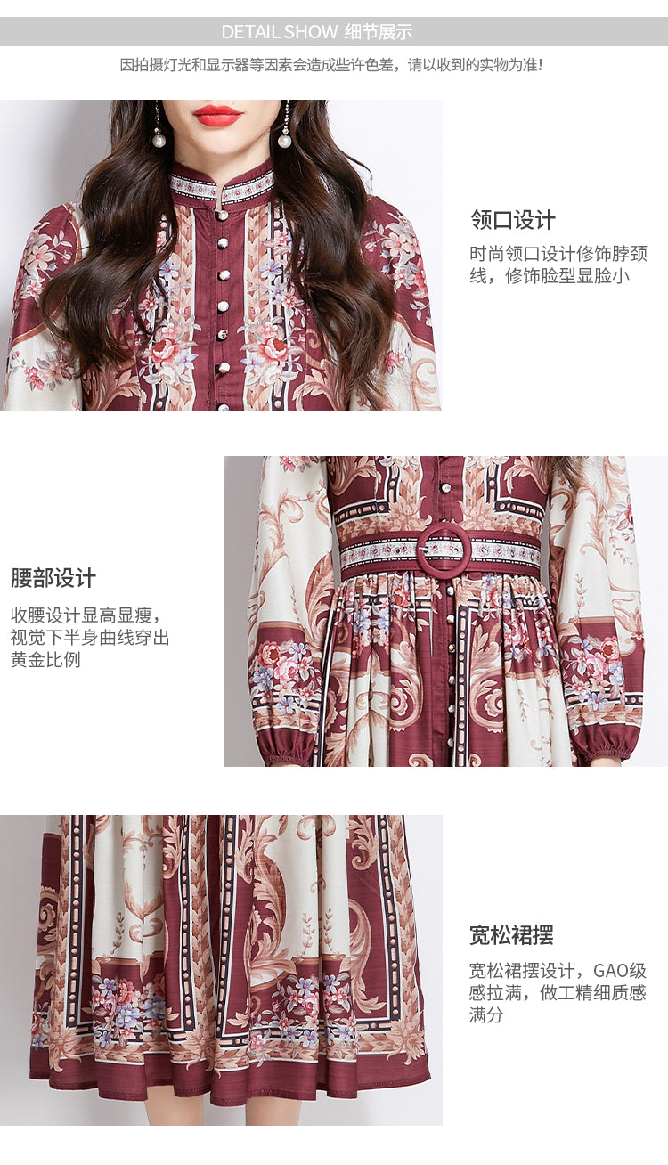 Original design: Spring/summer new court-style pattern stand-up collar long dress