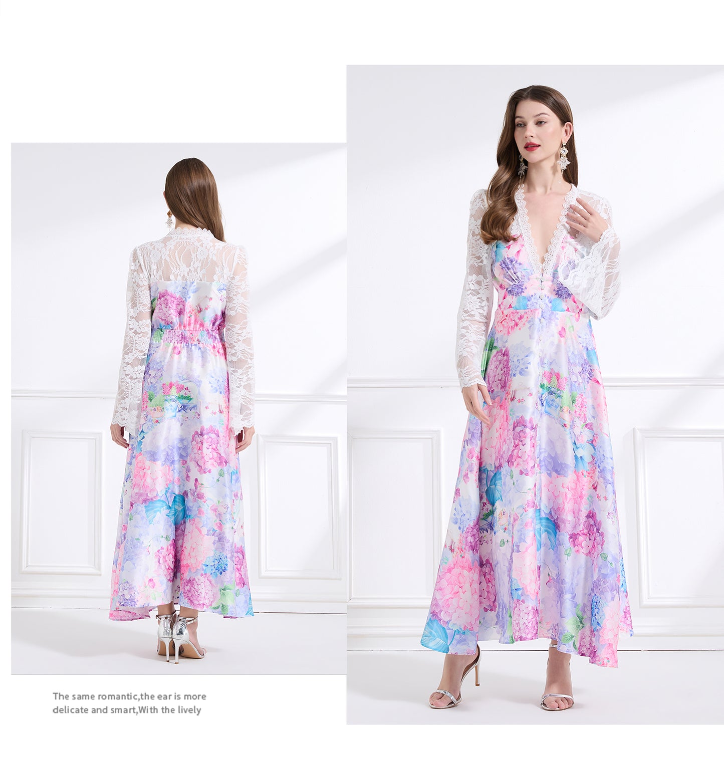 Original design - spring and summer resort style lace patchwork print waist maxi skirt ruffle dress
