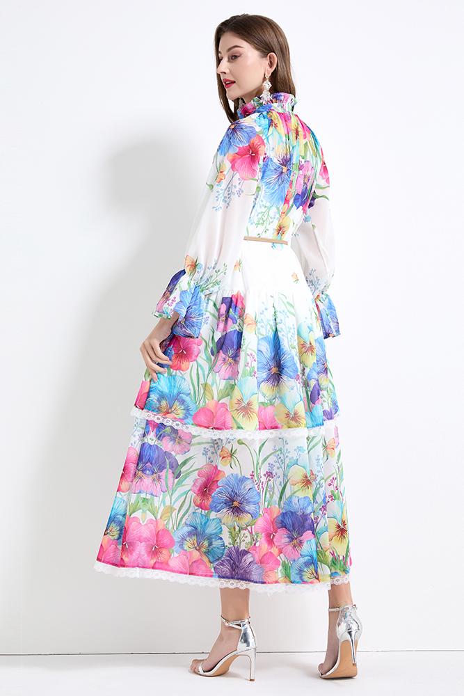 Original design - spring and summer fake lace cake skirt floral print waist ruffle skirt