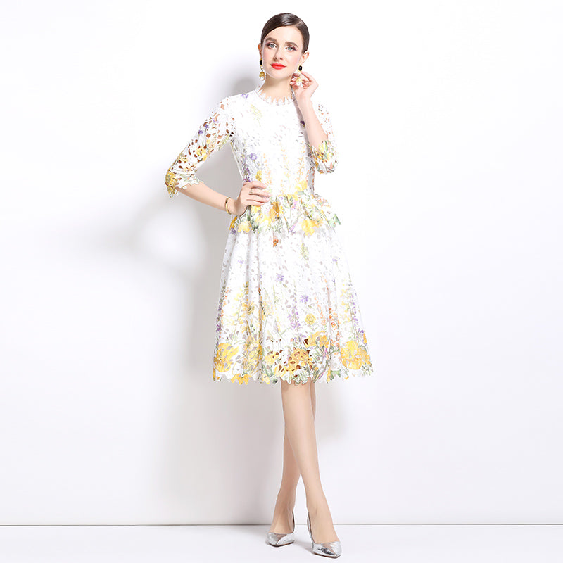 Original design mid long sleeved fashionable slimming hollow out water-soluble lace positioning mid length dress