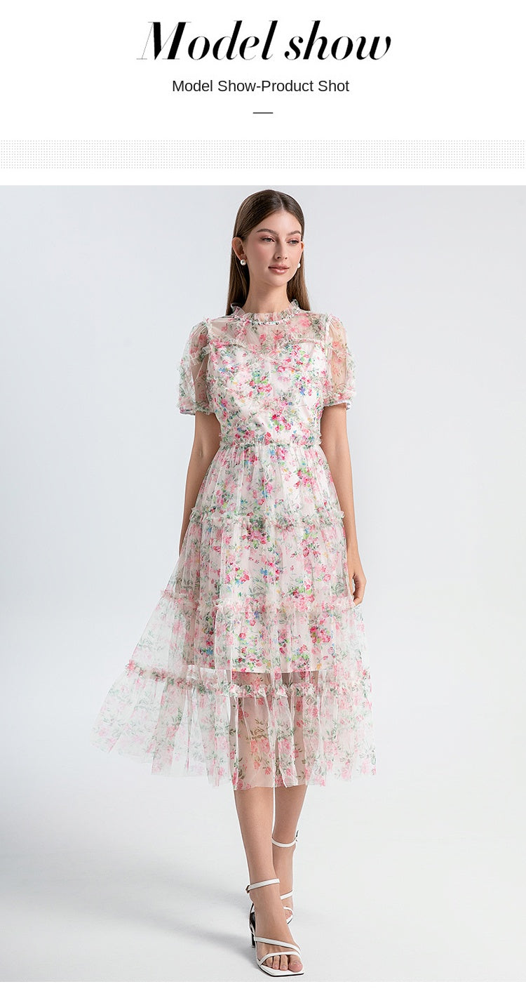 Original design heavy industry nail drill small floral French boutique mesh summer sweet dress