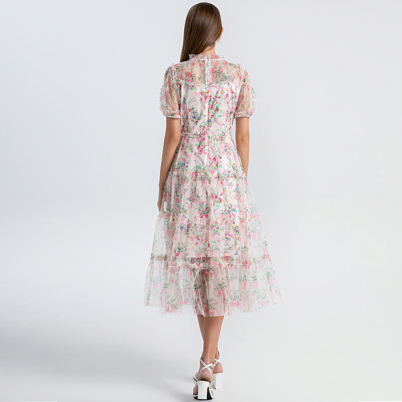Original design heavy industry nail drill small floral French boutique mesh summer sweet dress