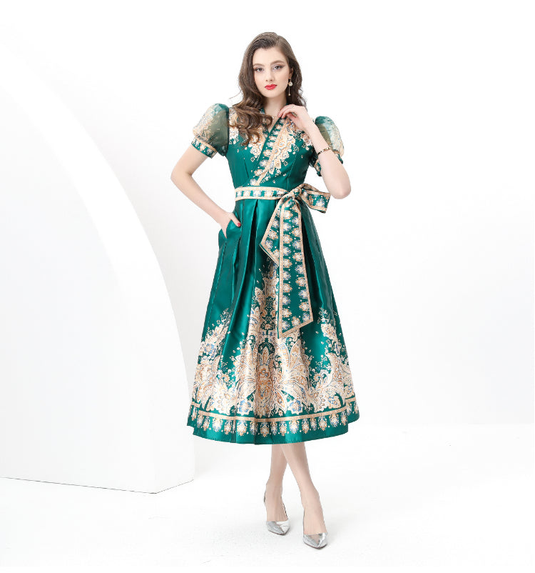 original design Spring/summer wrap tie style V-neck balloon sleeve long vintage print dress