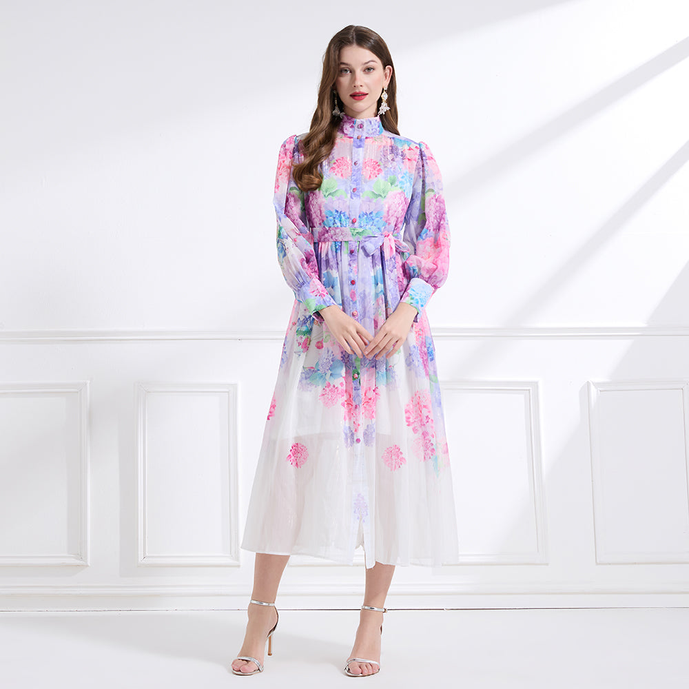 Original design - stand collar, watercolor, floral print, balloon sleeves, cinched waist, large skirt, ruffled skirt