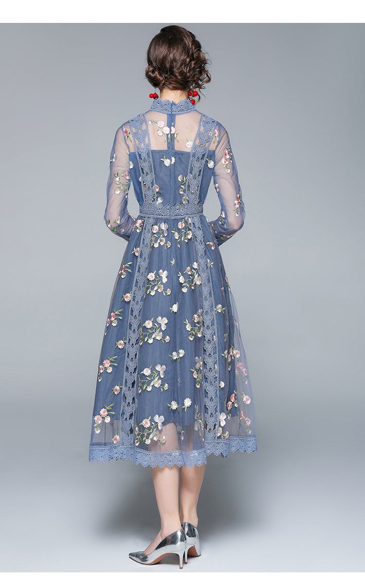 Original Design Heavy Industry Fine Embroidery Mesh French Long Style Super Fairy Sweet Dress