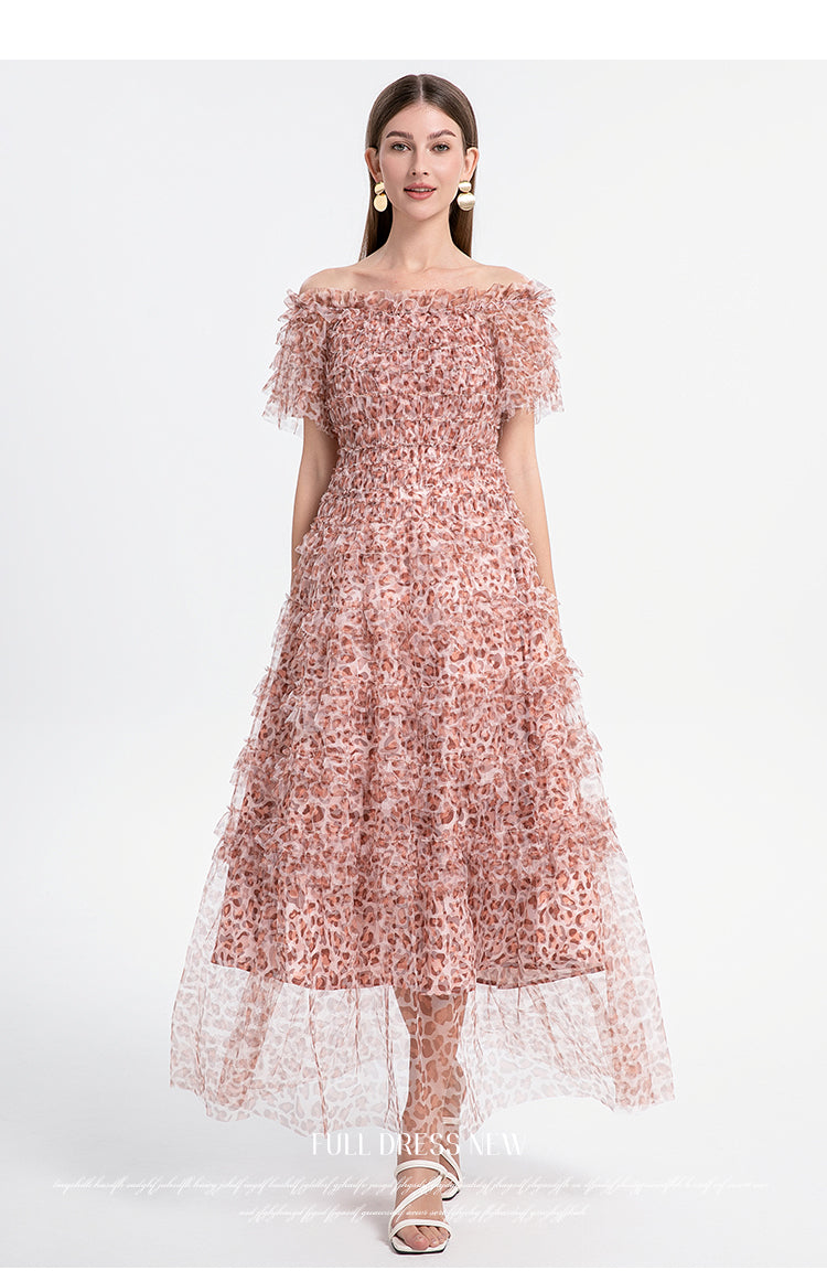 Beautiful French leopard print puff sleeve one-shoulder mesh temperament dress