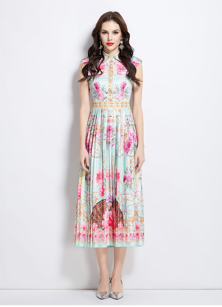 Original design for spring and summer palace pattern sleeveless mid length dress
