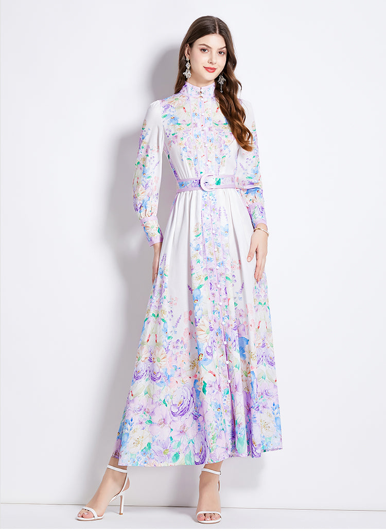 Original Design Spring/Summer Autumn Vacation New Flower Oil Painting Style Stand up Collar Long Dress