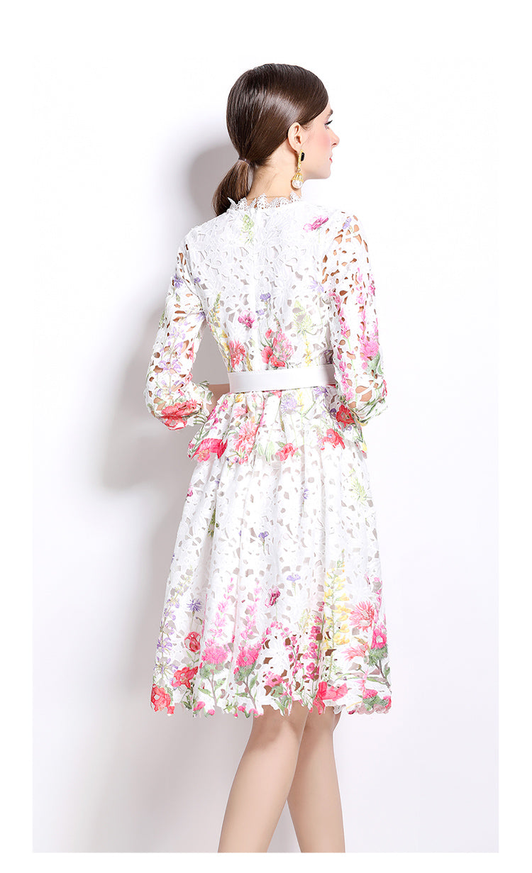 Original design mid long sleeved fashionable slimming hollow out water-soluble lace positioning mid length dress