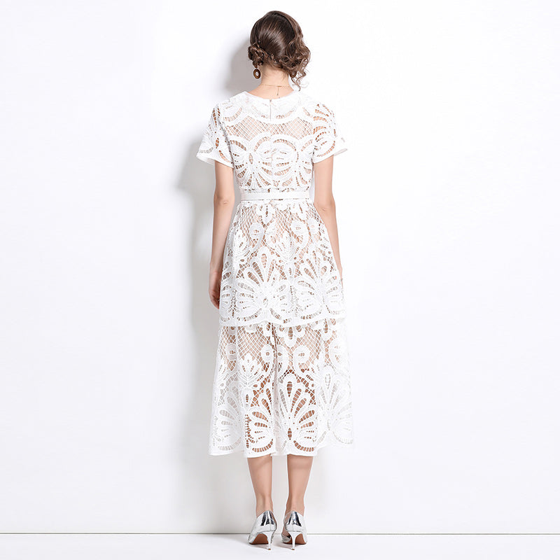 Original Design: Spring/Summer French Luxury Water soluble Embroidered Medium length Skirt with V-neck and Waist cinching to Look Thin Dress