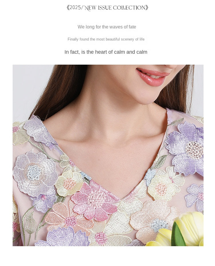 Original Design Heavy Industry Embroidery Boutique Handmade Color Customized Flower V-neck Bubble Sleeve Wrap Hip Dress