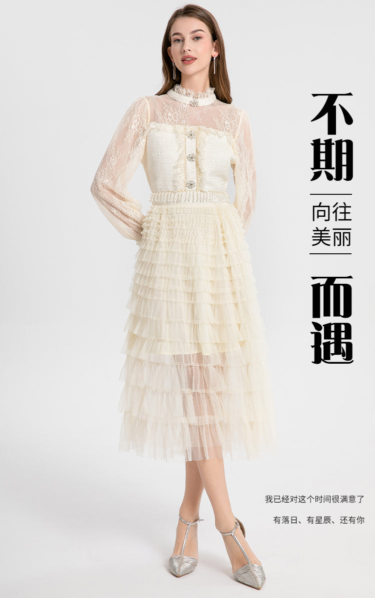 Women's clothing heavy art, coarse tweed splicing mesh cake skirt