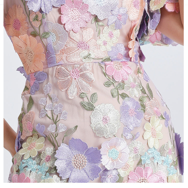 Original Design Heavy Industry Embroidery Boutique Handmade Color Customized Flower V-neck Bubble Sleeve Wrap Hip Dress